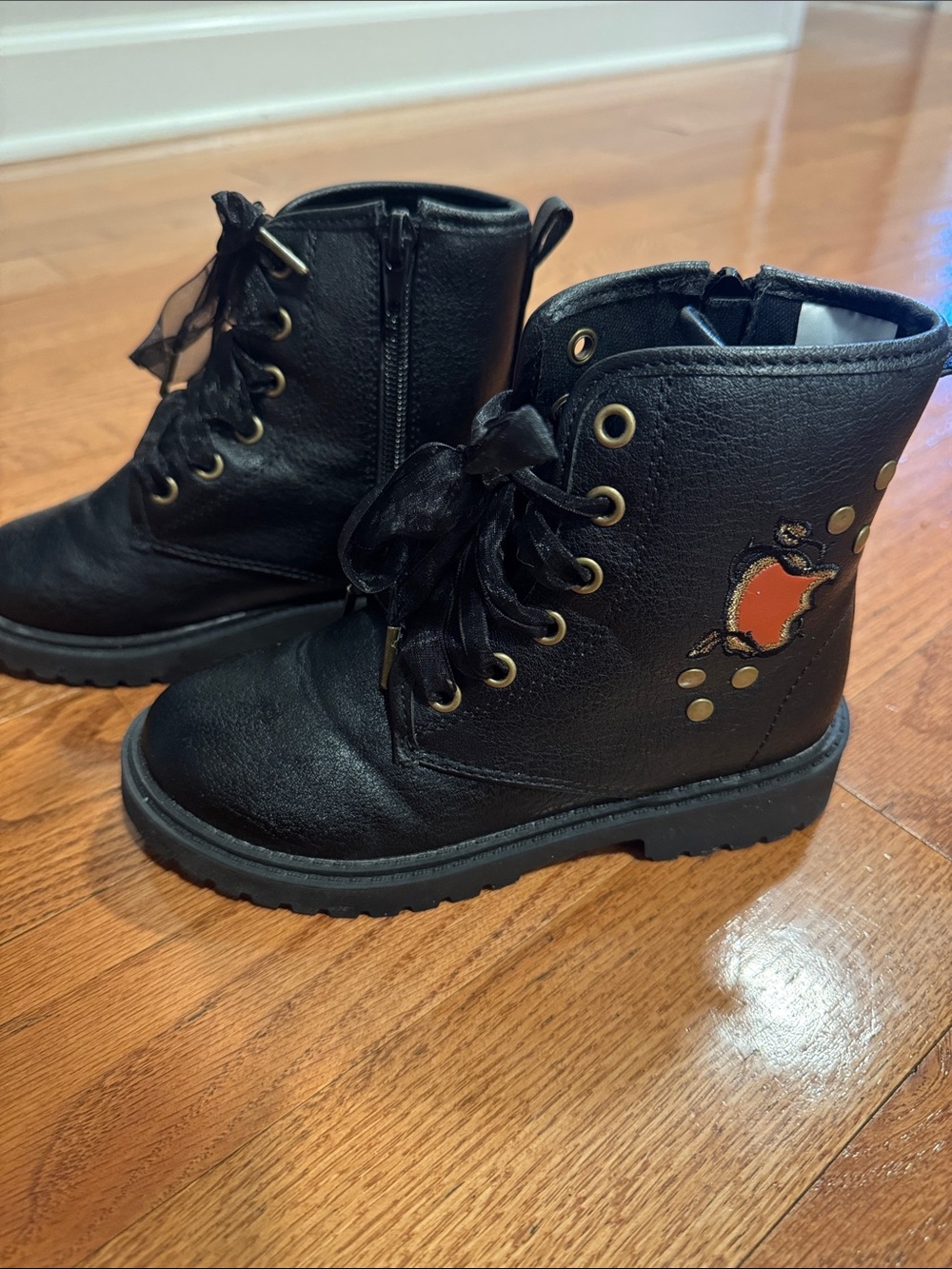 Kids Disney Descendants Black Lace-Up Ankle Boots with Red Heart Accent